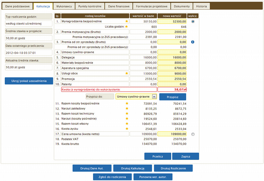Zarządzanie Projektami - ekran kalkulacji i budżetowania